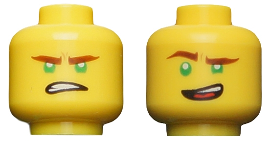 LEGO® Ninjago, Minifigure Head Dual Sided Reddish Brown Eyebrows / Grin & Gritted Teeth (Lloyd) 3626pb1890 - USED (Yellow)