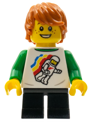 LEGO® Minifigure Child - Boy, Classic Space Shirt with Minifigure Floating and Back Print, Black Short Legs, Dark Orange Tousled Hair, Freckles (llp029)