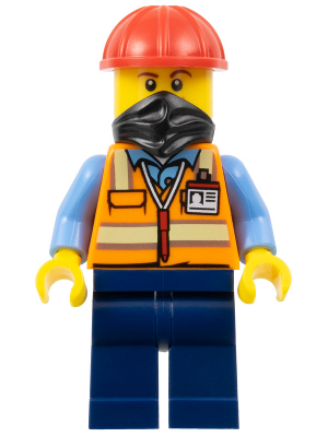 LEGO® Minifigure Construction Worker - Male, Orange Safety Vest with Reflective Stripes, Dark Blue Legs, Red Construction Helmet, Black Bandana (adp059)