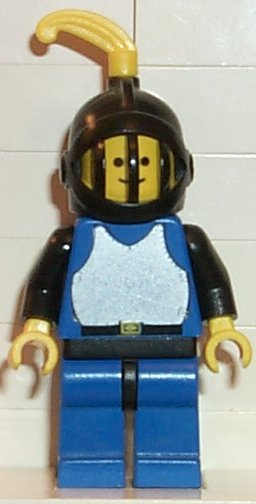 LEGO® Minifigure Breastplate - Blue with Black Arms, Blue Legs with Black Hips, Black Grille Helmet, Yellow Feather, Black Plastic Cape (cas182)