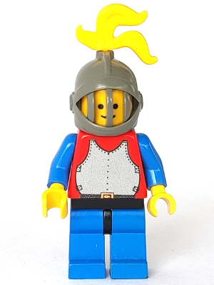 LEGO® Minifigure Breastplate - Red with Blue Arms, Black Legs, Dark Gray Grille Helmet, Yellow Plume, Blue Plastic Cape (cas191)