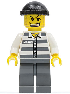 LEGO® Minifigure Police - Jail Prisoner 50380 Prison Stripes, Dark Bluish Gray Legs, Black Knit Cap, Gold Tooth (cty0007) - USED