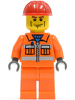 LEGO® Minifigure Construction Worker - Orange Zipper, Safety Stripes, Orange Arms, Orange Legs, Red Construction Helmet (cty0052)