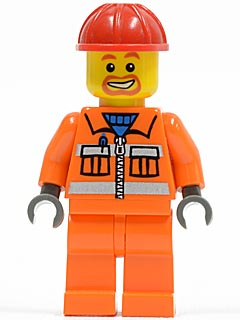 LEGO® Minifigure Construction Worker - Orange Zipper, Safety Stripes, Orange Arms, Orange Legs, Red Construction Helmet, Beard Around Mouth (cty0111)
