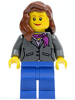 LEGO® Minifigure Dark Bluish Gray Jacket with Magenta Scarf, Blue Legs, Reddish Brown Female Hair over Shoulder (cty0185)