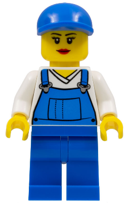 LEGO® Minifigure Overalls Blue over V-Neck Shirt, Blue Legs, Blue Short Bill Cap, Eyelashes and Smile (cty0269)