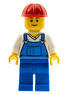 LEGO® Minifigure Overalls Blue over V-Neck Shirt, Blue Legs, Red Construction Helmet (cty0340)