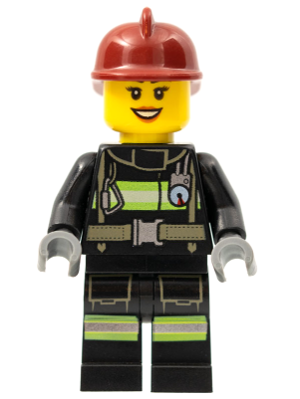 LEGO® Minifigure Fire - Reflective Stripes with Utility Belt, Dark Red Fire Helmet, Black Eyebrows (cty0347)