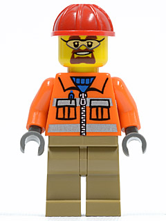 LEGO® Minifigure Construction Worker - Orange Zipper, Safety Stripes, Orange Arms, Dark Tan Legs, Red Construction Helmet, Safety Goggles (cty0366)