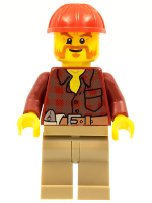 LEGO® Minifigure Flannel Shirt with Pocket and Belt, Dark Tan Legs, Red Construction Helmet, Beard (cty0467)