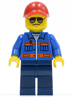 LEGO® Minifigure Blue Jacket with Pockets and Orange Stripes, Dark Blue Legs, Red Cap with Hole, Sunglasses, NO Back Print (cty0500)