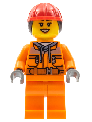 LEGO® Minifigure Construction Worker - Female, Orange Safety Jacket, Reflective Stripe, Sand Blue Hoodie, Orange Legs, Red Construction Helmet with Dark Brown Ponytail Hair, Peach Lips (cty0528)