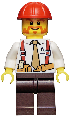 LEGO® Minifigure Construction Foreman - Shirt with Tie and Suspenders, Dark Brown Legs, Red Construction Helmet (cty0529)