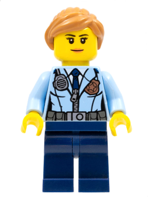 LEGO® Minifigure Police - City Officer Female, Jacket with Dark Blue Tie, Radio and Gold Badge, Dark Blue Legs, Medium Nougat Ponytail and Swept Sideways Fringe (cty0620)