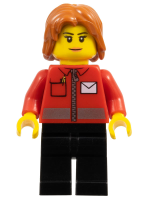 LEGO® Minifigure Post Office White Envelope and Stripe, Black Legs, Dark Orange Mid-Length Tousled Hair (cty0676)