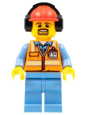 LEGO® Minifigure Orange Safety Vest with Reflective Stripes, Medium Blue Legs, Red Construction Helmet with Black Ear Protectors / Headphones (cty0688) - USED