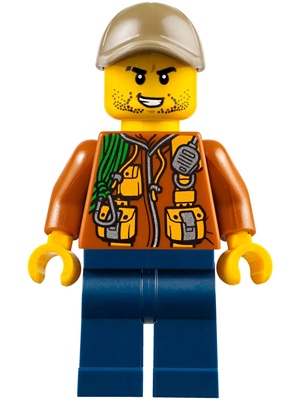 LEGO® Minifigure City Jungle Explorer - Dark Orange Jacket with Pouches, Dark Blue Legs, Dark Tan Cap with Hole, Stubble (cty0792) - Used