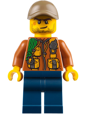 LEGO® Minifigure City Jungle Explorer - Dark Orange Jacket with Pouches, Dark Blue Legs, Dark Tan Cap with Hole, Crooked Smile and Scar (cty0795)