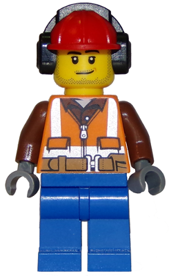 LEGO® Minifigure Forester - Male, Orange Safety Vest, Reflective Stripes, Reddish Brown Shirt, Blue Legs, Red Construction Helmet with Black Ear Protectors / Headphones, Stubble (cty0840) - Used