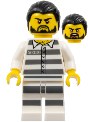 LEGO® Minifigure Mountain Police - Jail Prisoner 50380 Prison Stripes, Black Hair, Beard (cty0871) - USED