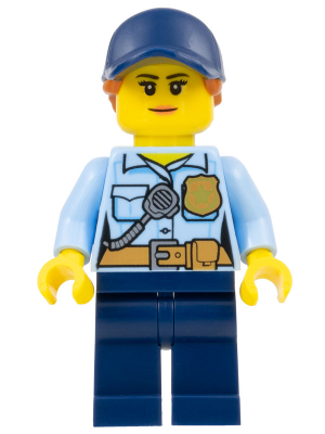 LEGO® Minifigure Police - City Officer Female, Bright Light Blue Shirt with Badge and Radio, Dark Blue Legs, Dark Blue Cap with Dark Orange Ponytail (cty0992) - Used