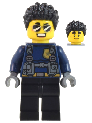 LEGO® Minifigure Police Officer - Male, Dark Blue Shirt with Harness, Black Legs, Black Coiled Hair, Sunglasses (Duke DeTain) (cty1042) - Used