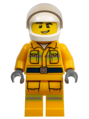 LEGO® Minifigure Fire - Reflective Stripes, Bright Light Orange Suit, White Helmet, Crooked Grin (cty1114)
