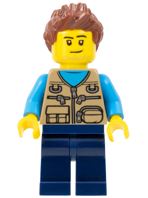LEGO® Minifigure Camper Van Owner - Male, Dark Tan Vest over Dark Azure Shirt, Dark Blue Legs, Reddish Brown Spiked Hair, Stubble (cty1261)