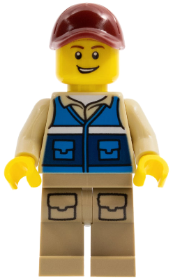 LEGO® Minifigure Wildlife Rescue Worker - Male, Dark Red Cap, Blue Vest with 'RESCUE' Pattern on Back, Dark Tan Legs with Pockets (cty1292)