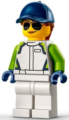 LEGO® Minifigure Race Car Mechanic - Female, White Racing Jacket and Legs, Dark Blue Cap with Dark Orange Hair (cty1401)