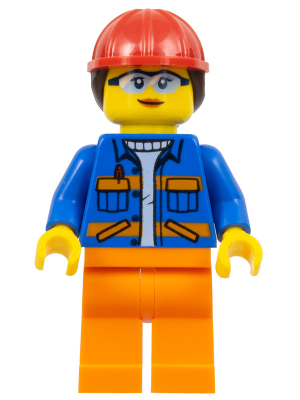 LEGO® Minifigure Construction Worker - Female, Blue Jacket with Diagonal Lower Pockets and Orange Stripes, Orange Legs, Red Construction Helmet with Dark Brown Ponytail Hair, Glasses (cty1402)