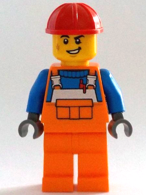 LEGO® Minifigure Construction Worker - Male, Orange Overalls with Reflective Stripe and Buckles over Blue Shirt, Orange Legs, Red Construction Helmet, Lopsided Smile (cty1403)