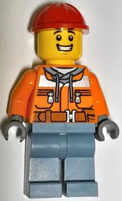 LEGO® Minifigure Construction Worker - Male, Orange Safety Jacket, Reflective Stripe, Sand Blue Hoodie, Sand Blue Legs, Red Construction Helmet (cty1691)