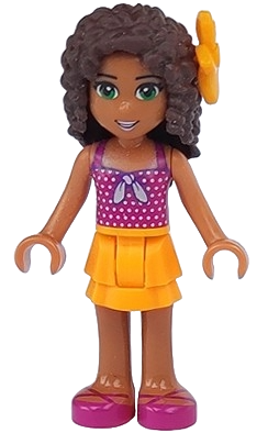 LEGO® Minifigure Friends Andrea - Bright Light Orange Layered Skirt, Magenta Top with White Polka Dots and Bow, Bright Light Orange Flower (frnd0208) - USED