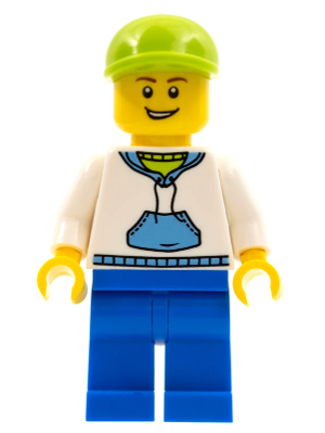 LEGO® Minifigure White Hoodie with Medium Blue Pocket, Blue Legs, Lime Short Bill Cap (hol016)