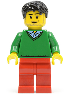 LEGO® Minifigure Green V-Neck Sweater, Red Legs, Black Short Tousled Hair, Smirk and Stubble Beard (hol023)
