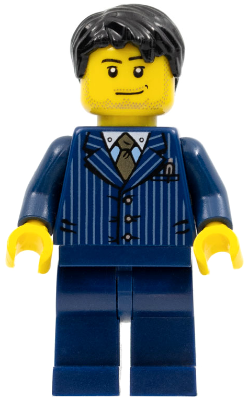 LEGO® Minifigure Businessman - Pinstripe Jacket and Gold Tie, Dark Blue Legs, Black Short Tousled Hair, Smirk and Stubble (hol054)