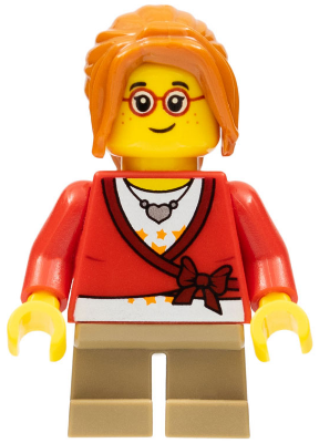 LEGO® Minifigure Child - Girl, Sweater Cropped with Bow, Heart Necklace, Dark Tan Short Legs, Dark Orange Ponytail Long with Side Bangs, Glasses, Freckles (hol127)