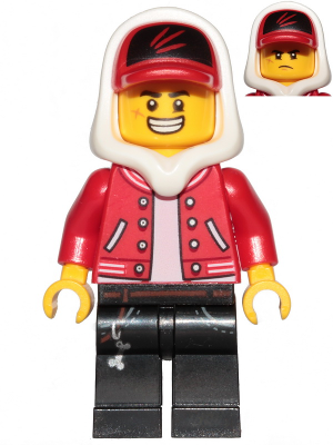 LEGO® Minifigure Jack Davids - Red Jacket with Cap and Hood (Large Smile / Grumpy) (hs001)