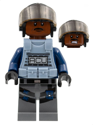 LEGO® Minifigure ACU Trooper - Male, Black Aviator Cap with Trans-Brown Visor, Reddish Brown Head, Sand Blue Body Armor Vest (jw013)