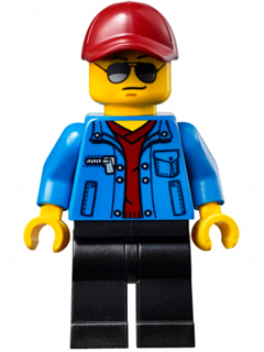 LEGO® Minifigure Race Official - Male, Blue Jacket over Dark Red V-Neck Sweater, Black Legs, Dark Red Cap with Hole, Sunglasses (sc021) - Used