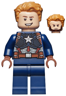 LEGO® Minifigure Captain America - Dark Blue Suit, Reddish Brown Hands, Hair, Dark Brown Eyebrows, Chin Strap (sh0729)
