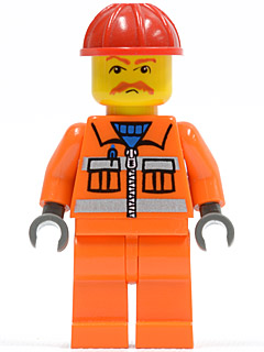 LEGO® Minifigure Orange Vest with Safety Stripes - Orange Legs, Red Construction Helmet, Brown Moustache, Dark Bluish Gray Hands (trn129a)