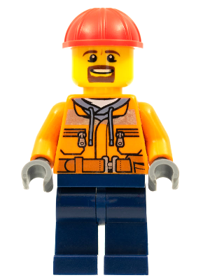 LEGO® Minifigure Forklift Driver - Male, Orange Safety Jacket, Reflective Stripe, Sand Blue Hoodie, Dark Blue Legs, Red Construction Helmet, Goatee (trn242)