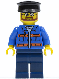 LEGO® Minifigure Blue Jacket with Pockets and Orange Stripes, Dark Blue Legs, Black Hat (twn124)