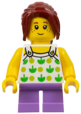 LEGO® Minifigure Child - Girl, White Halter Top with Green Apples and Lime Spots, Medium Lavender Short Legs, Dark Red Ponytail, Freckles (twn343)