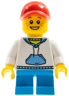 LEGO® Minifigure Child - Boy, White Hoodie with Medium Blue Pocket, Dark Azure Short Legs, Red Cap, Freckles (twn372)