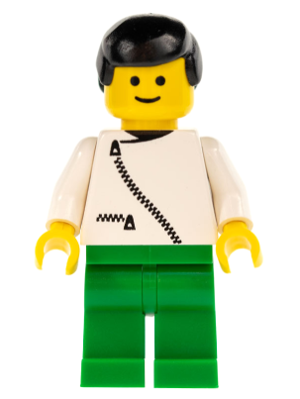 LEGO® Minifigure Jacket with Zipper - White, Green Legs, Black Male Hair (zip035) - USED