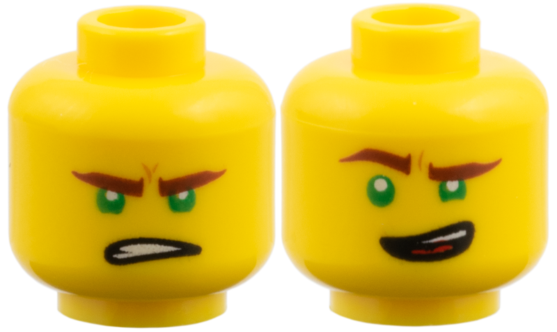 LEGO® Ninjago, Minifigure Head Dual Sided Reddish Brown Eyebrows / Grin & Gritted Teeth (Lloyd) 3626pb1890 - USED (Yellow)