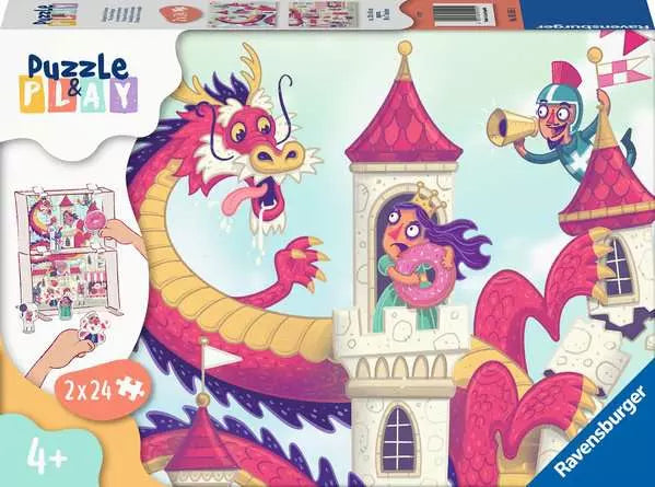 Puzzle & Play: The Donut Dragon, 2 x 24 Piece Kids Puzzle and Castle Playset